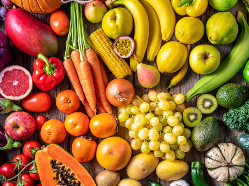 A display of colorful fruits and vegetables
