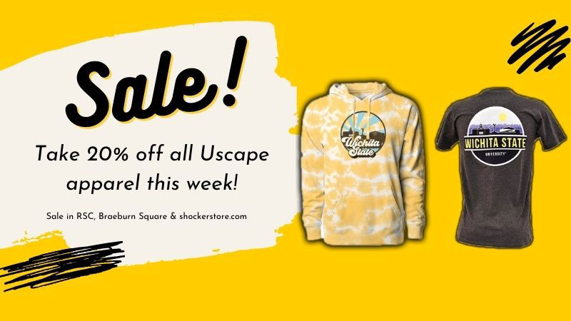Sale! Take 20% off all Uscape apparel this week! Sale in RSC, Braeburn Square and shockerstore.com. Sale! Take 20% off all Uscape apparel this week! Sale in RSC, Braeburn Square and shockerstore.com.