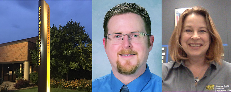 Photo montage comprised of an external photo of the Media Resource Center, a headshot of Ryan Corcoran, and a headshot of Dr. Carolyn Speer. 