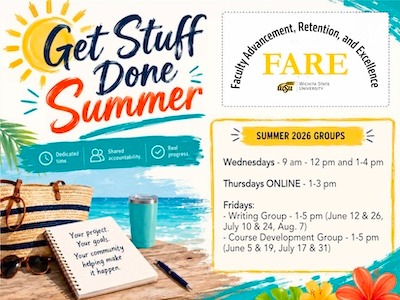 Flyer shows decorative summer image with a beach scene and sunshine. Text reads: FARE Office sponsors "Summer Get Stuff Done" Groups; Wednesdays 9 am-12 pm and/or 1-4 pm; Thursdays online 1-3 pm; Fridays 1-5 pm