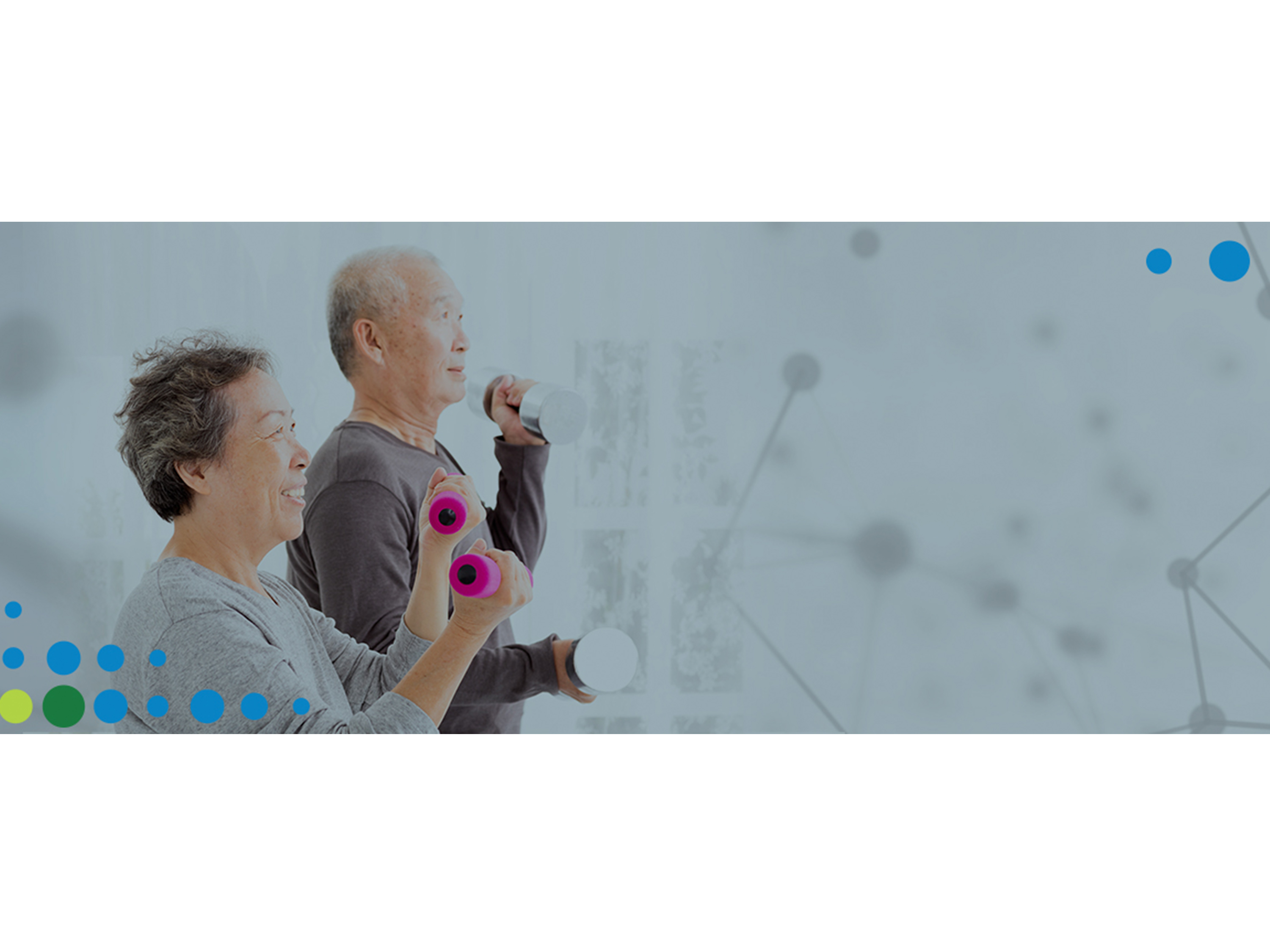 An older woman and man exercising with weights