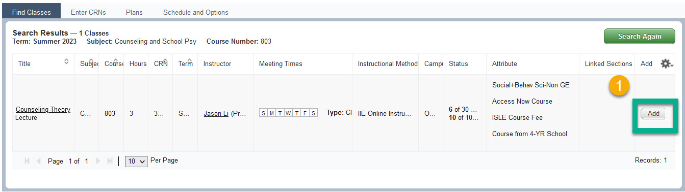 Search results are displayed and a single course is shown. Students are instructed to click the add buttom for the course they want to register.
