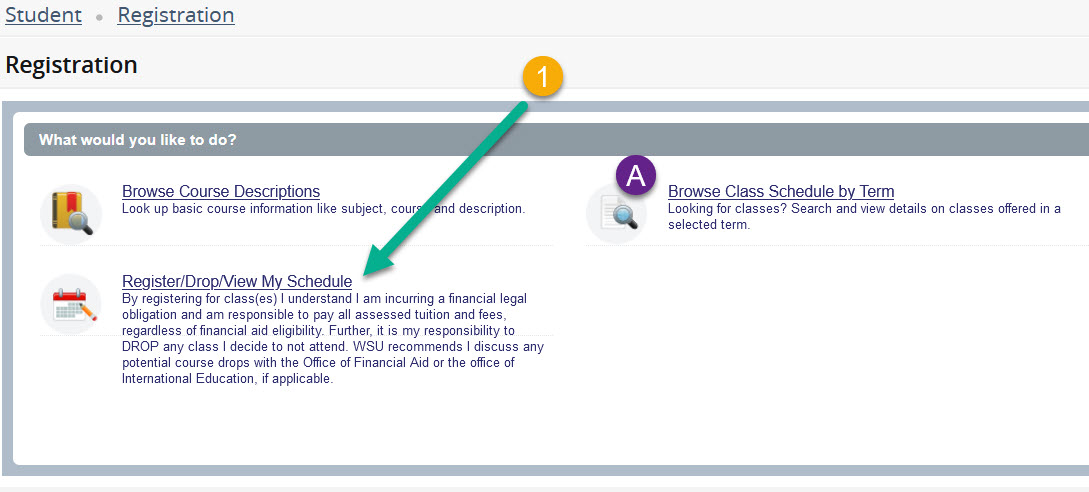 Image displays the Registation page options and instructs student to click on the REgister/Drop/View My Schedule Link. It alternatively suggest clicking on the Browse Class Schedule by Term link if registration is not yet open but the schedule is available for viewing.