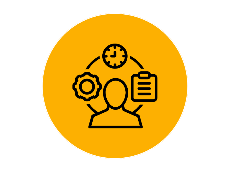 Icon depicting a person, gear, clock and clipboard