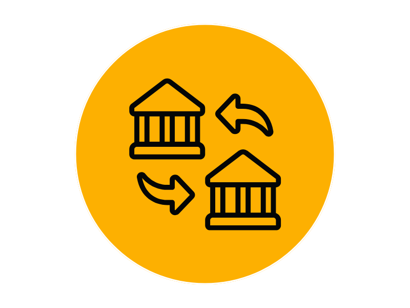 Icon depicting two buildings with arrows