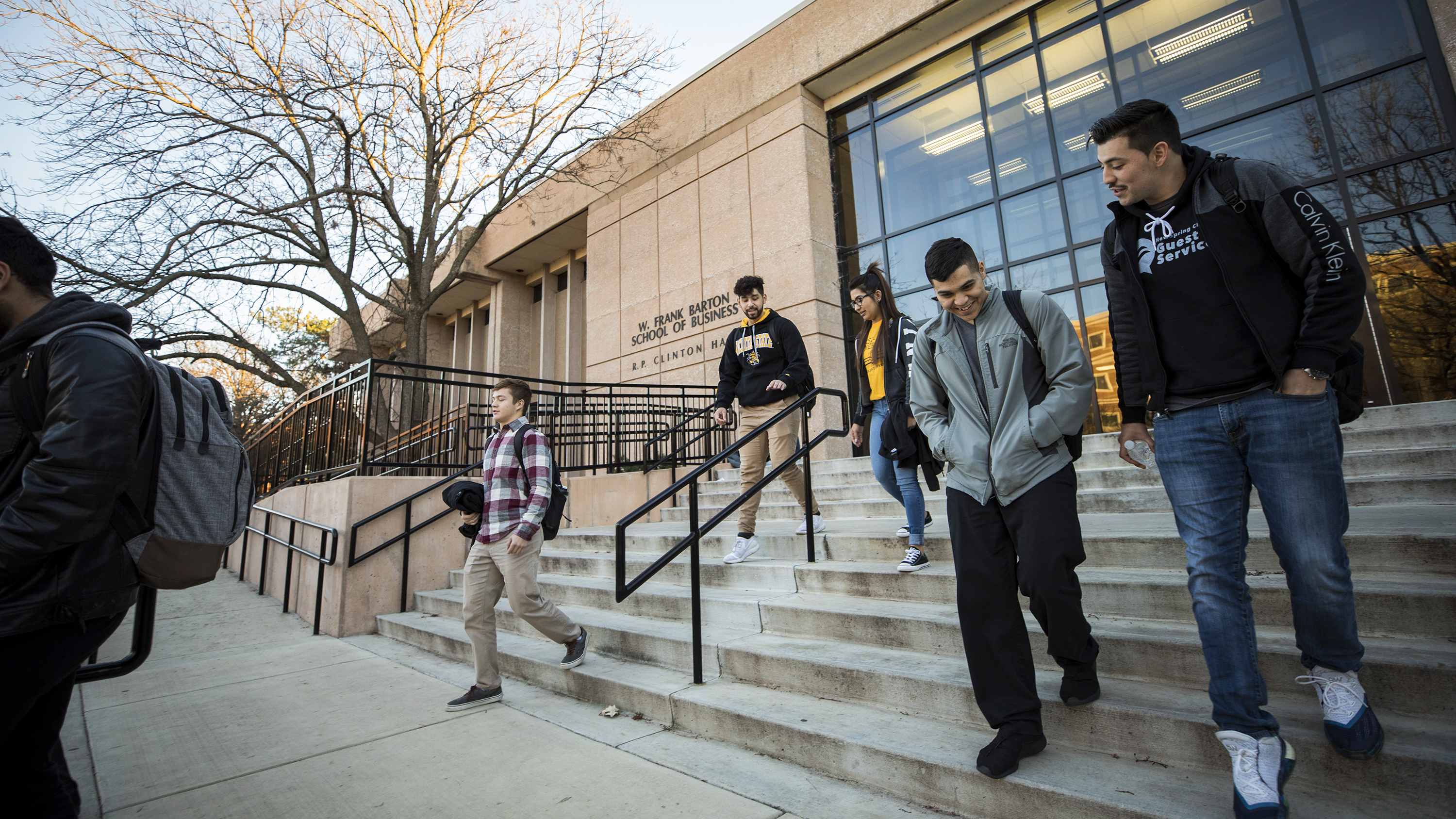 Students outside Clinton Hall, home of the W. Frank Barton School of Business