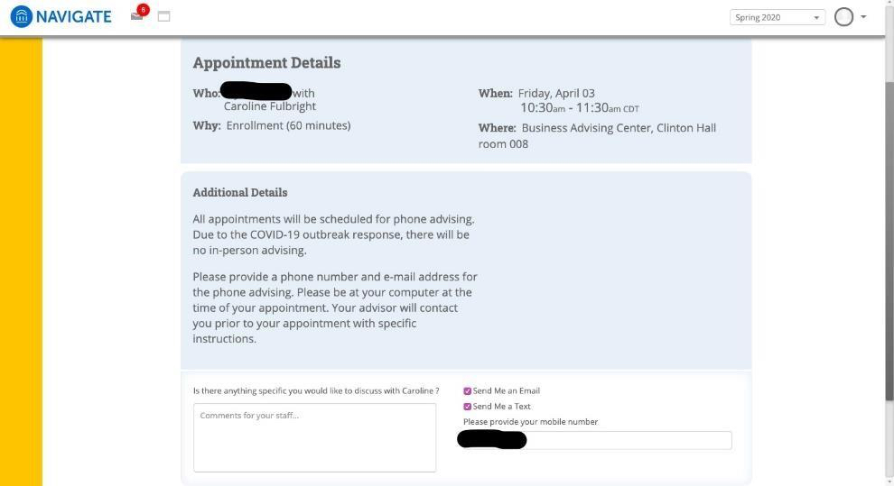 Step Seven: Review appointment details, phone your phone number, WSU student e-mail, and comments for your appointment, and click to confirm your appointment! 