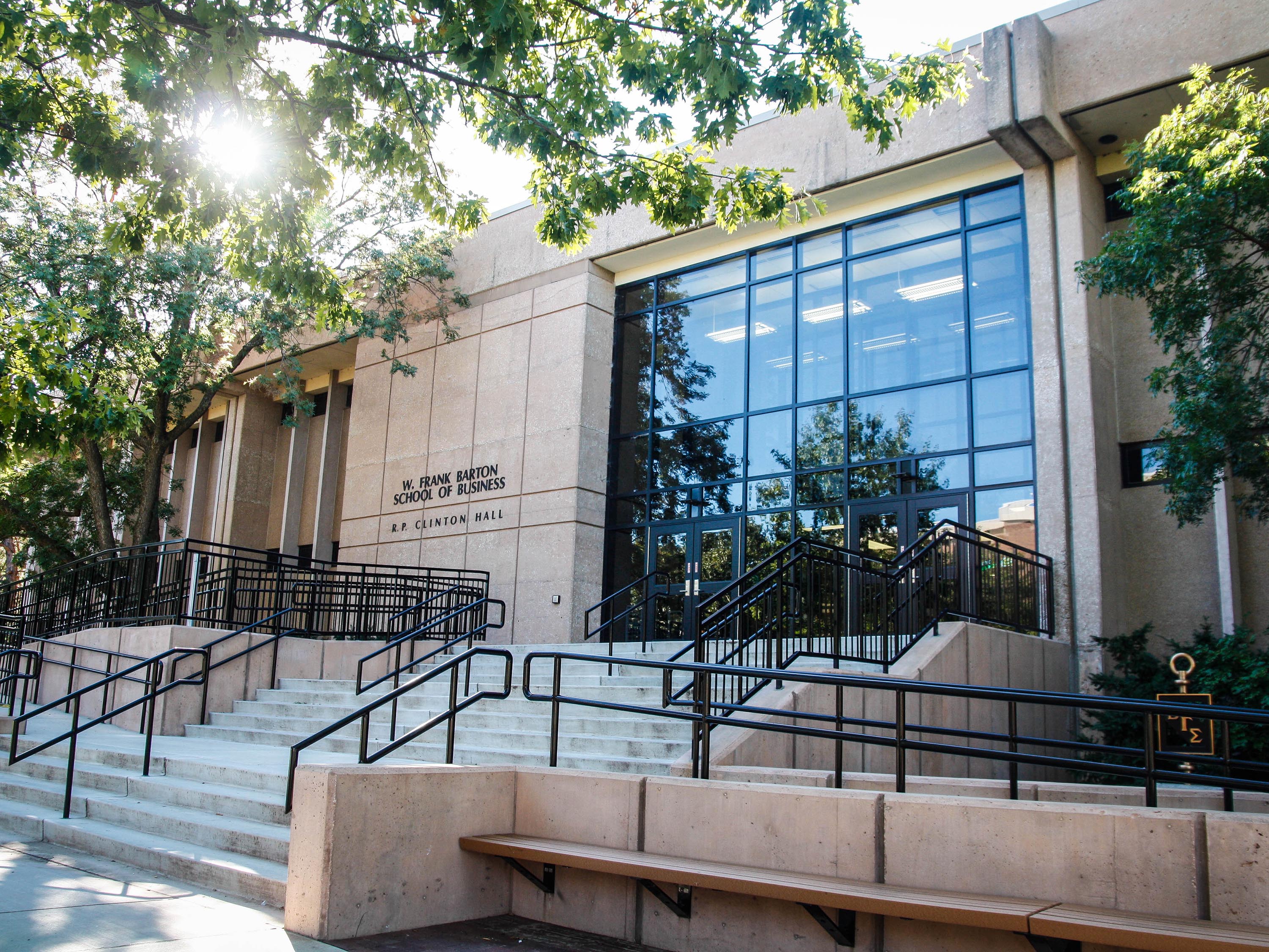 Photo of Barton School of Business with the sunlight waning. 