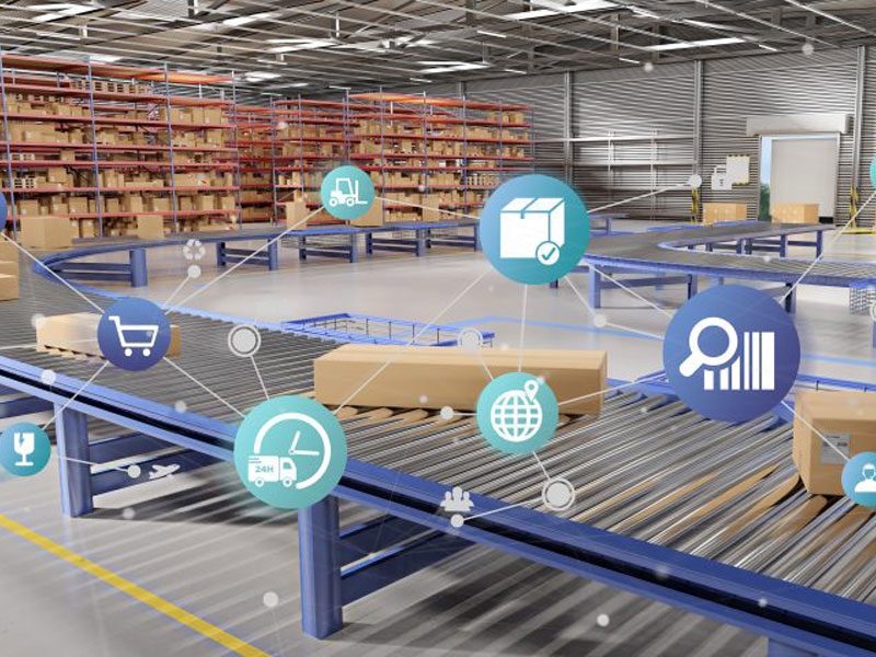 Graphic overlays illustrating supply chain management.