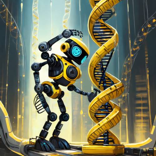 Firefly AI-generated cartoon of a cute robot scratching its head while staring at a giant DNA strand