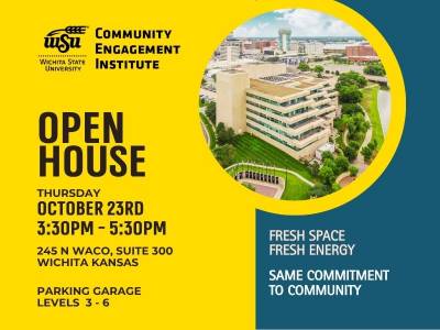 Flyer showing the CEI logo, a photo of a multilevel building with green space, the time and date of the open house, Parking garage levels 3-6, and the tag lines 