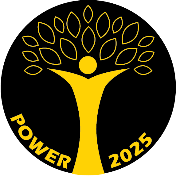 Yellow on black image of a stylized person embracing leaves or equally a tree with a person-shaped trunk