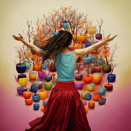 AI generated image of a woman with flowing skirt, arms raised, facing away towards a colorful collection of plant pots with dormant woody plants