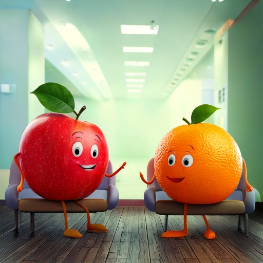 A cartoon apple and orange having  cheerful conversation in a bright waiting room
