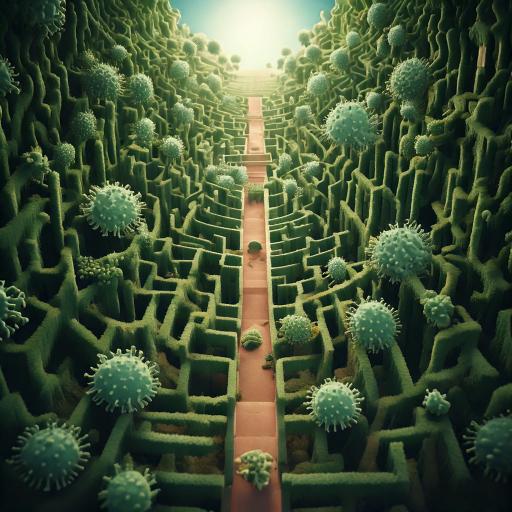 AI-generated image of a green maze with pathogen bushes and a clear path through the center