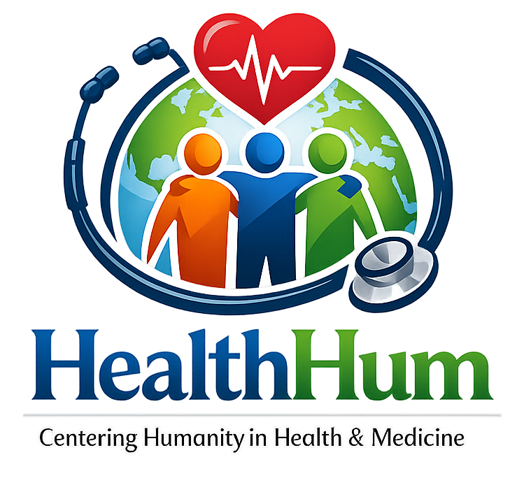 HealthHum logo. Stethoscope encircling a world with a heart at the top and three stylized people arm in arm