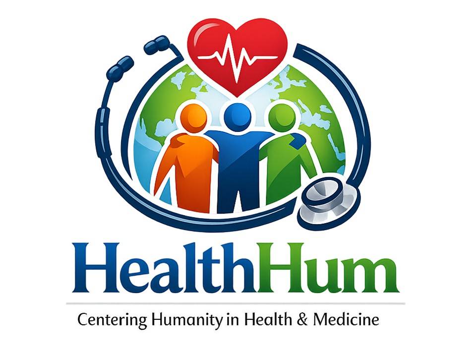 HealthHum logo showing three stylized people arm in arm, encircled by a stethoscope with a heart above and a globe behind them
