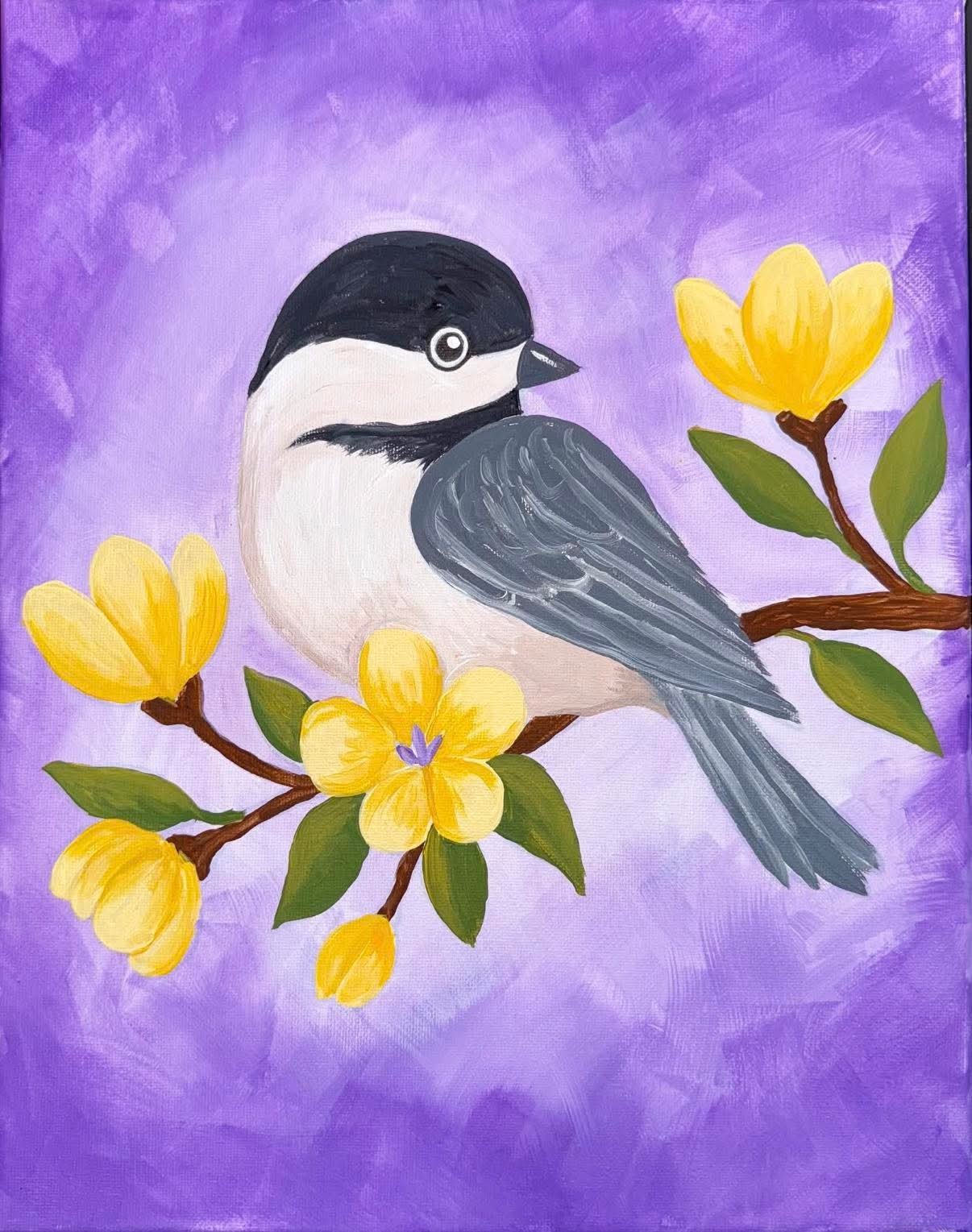 painting bird on branch with yellow florals