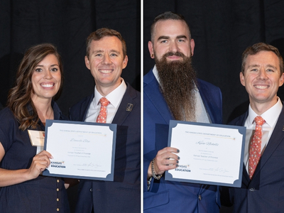 Danielle Blue (left) and Kevin Nicholls (right), Wichita State University Teacher Apprentice Program™ students, pose with Kansas Commissioner of Education Dr. Jake Steel after being recognized as Teachers of Promise.