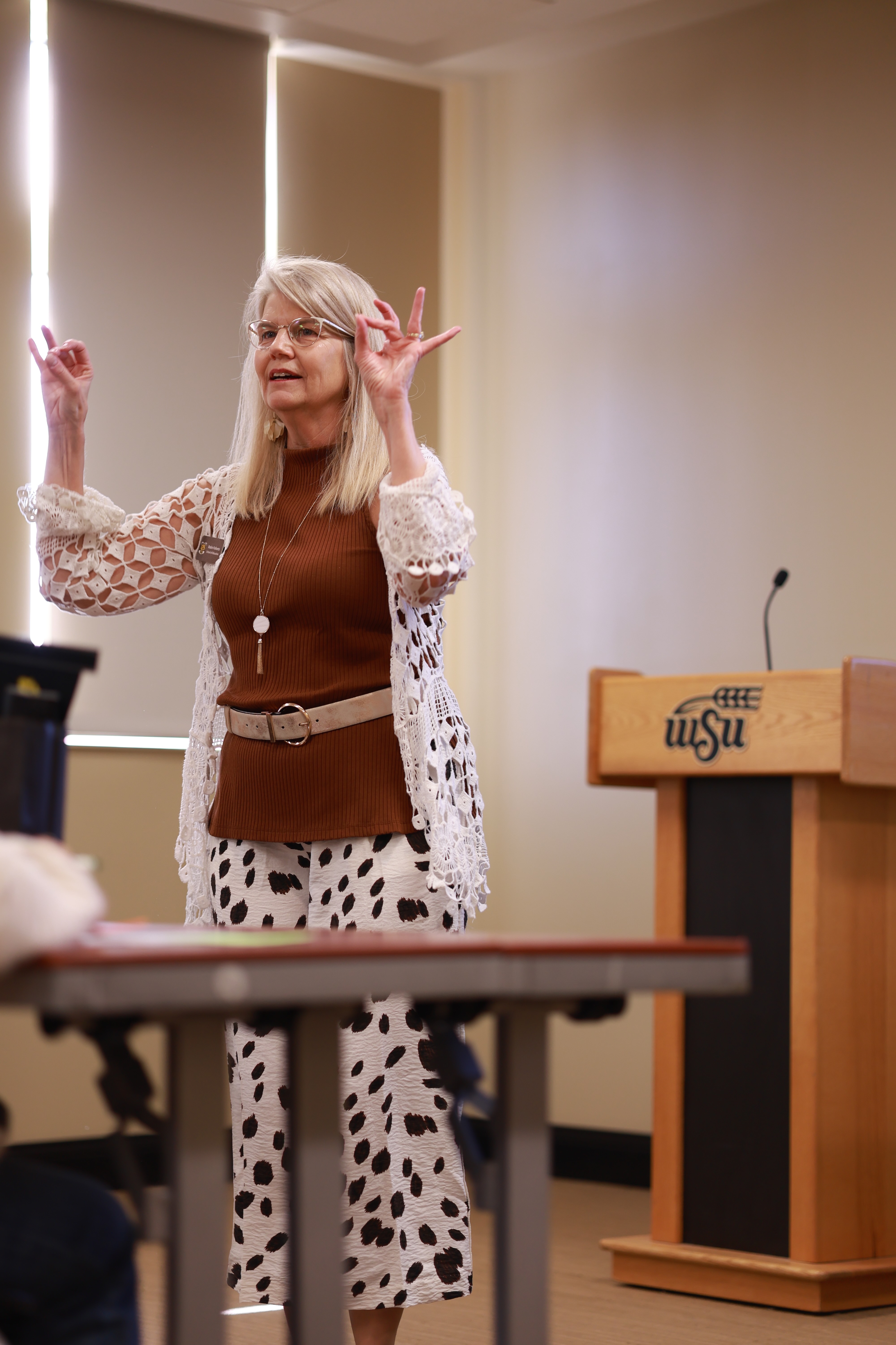 CED faculty Robin Folkerts speaks duirng Future Educators Day