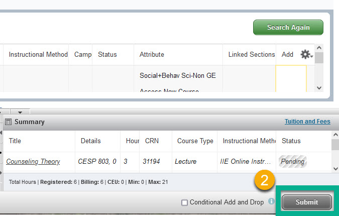 A larger image displaying the submit button on the registration page's lower, right hand corner is shown. Students are instructed to click the submit button to official complete their registation in the course.