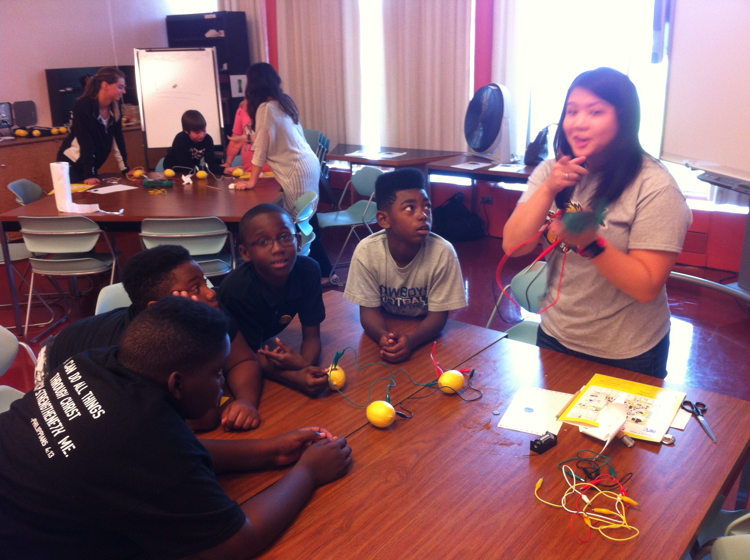 Students watch a demonstration with lemons