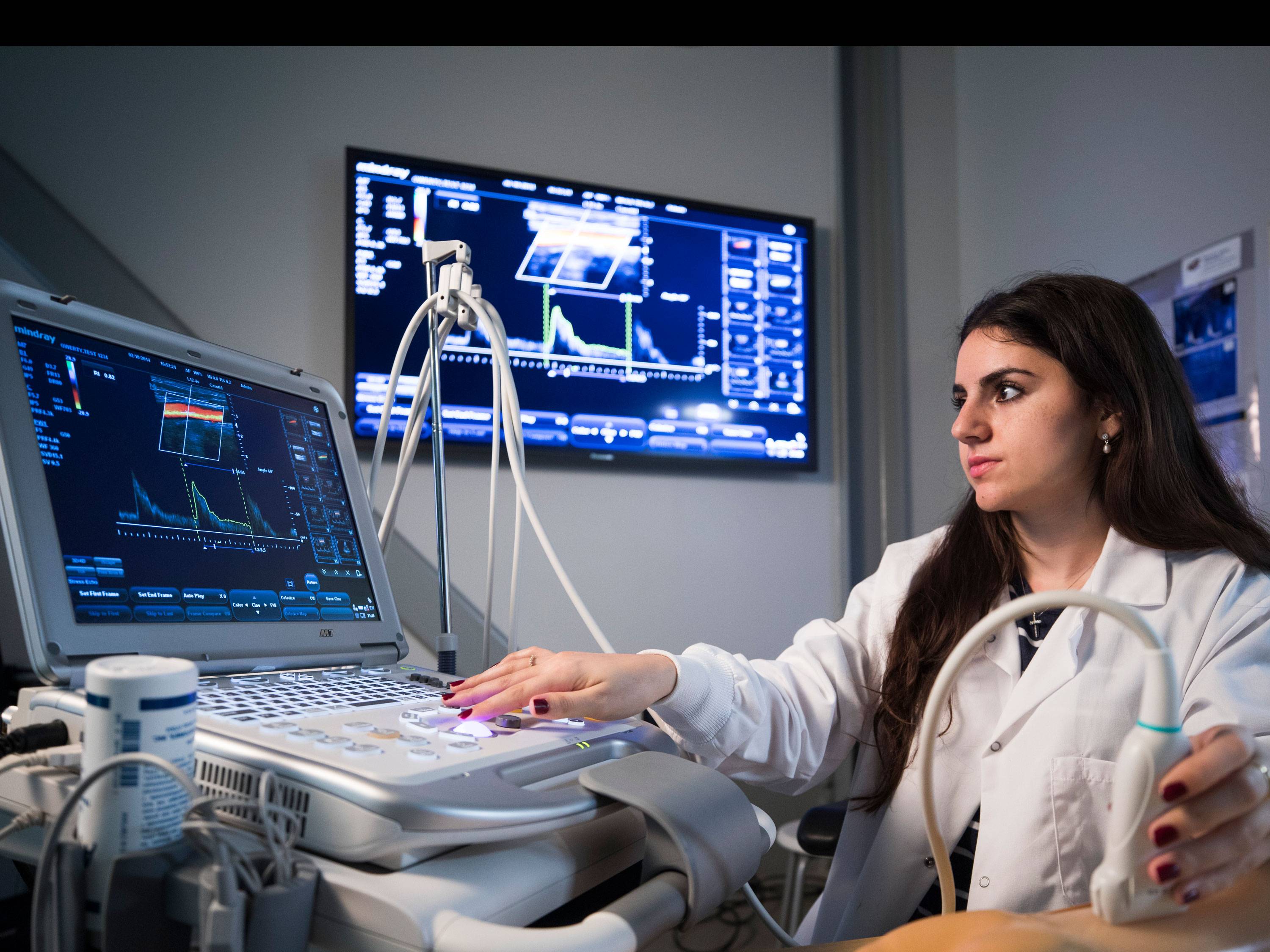 Women with brown hair uses ultrasound on phantom limb while looking at an image on a display.