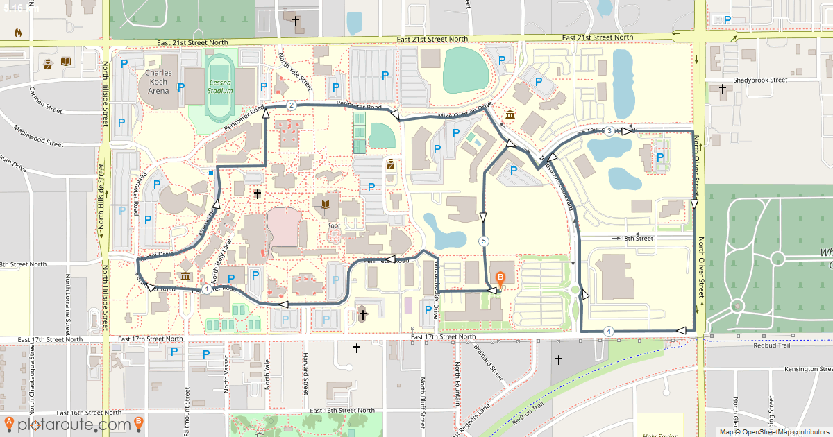 Map of the Engineering 5k Route starting at AirBus and John Bardo Center.