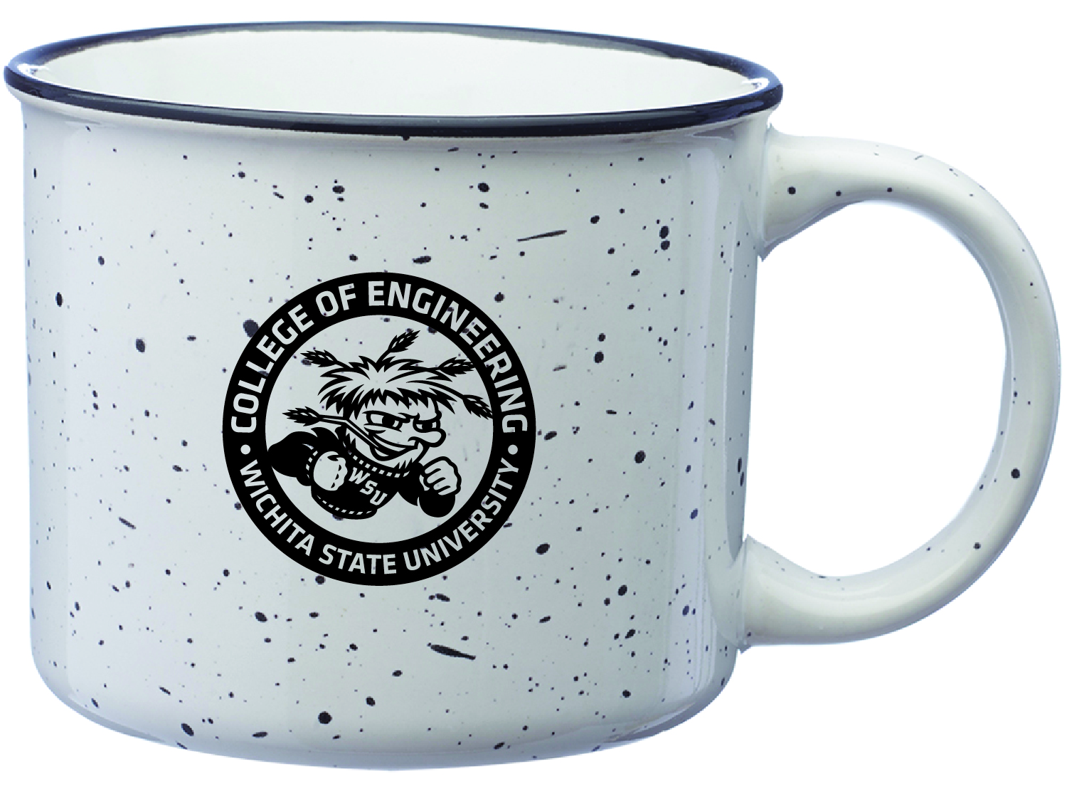 white mug with black speckles and imprinted with Wu Shock and College of Engineering Wichita State University