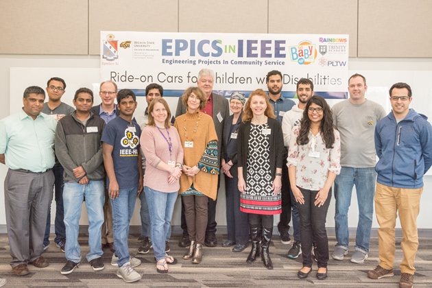 Group Photo: Project Partners IEEE Wichita Section, IEEE-HKN Epsilon Xi Chapter, WSU GoBabyGo, and Rainbows United