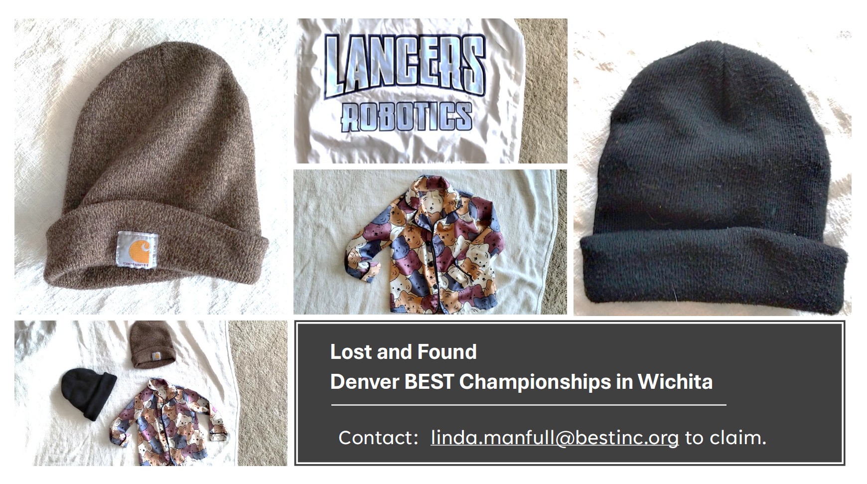 Picture of items found at the event Dec 6 & 7, 2 beanies, a toddler jacket, Lancers banner