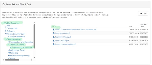 Screen shot from Team Workflow showing Annual Game Files frame
