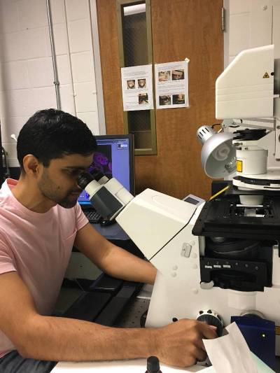 Photograph of faculty member, Raj Logan, looking through a microscope.