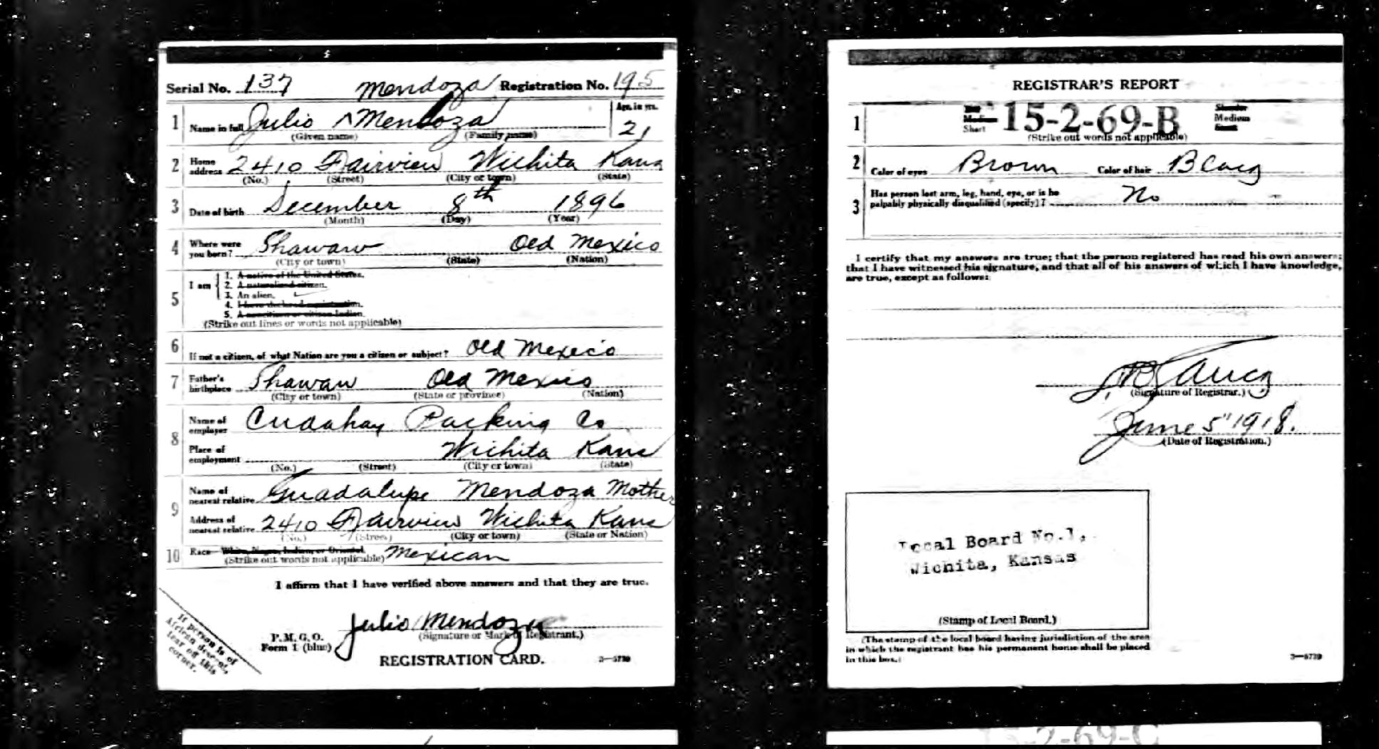 Julio Mendoza'a World War One Registration