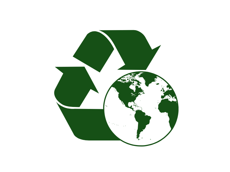 Green recycling symbol with a green line drawing of Earth. 