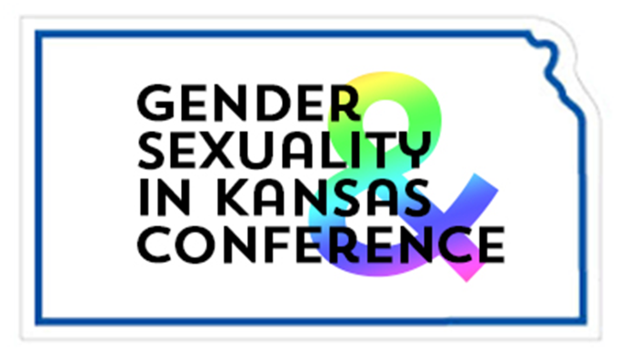 Outline of the state of Kansas with gender & sexuality conference logo