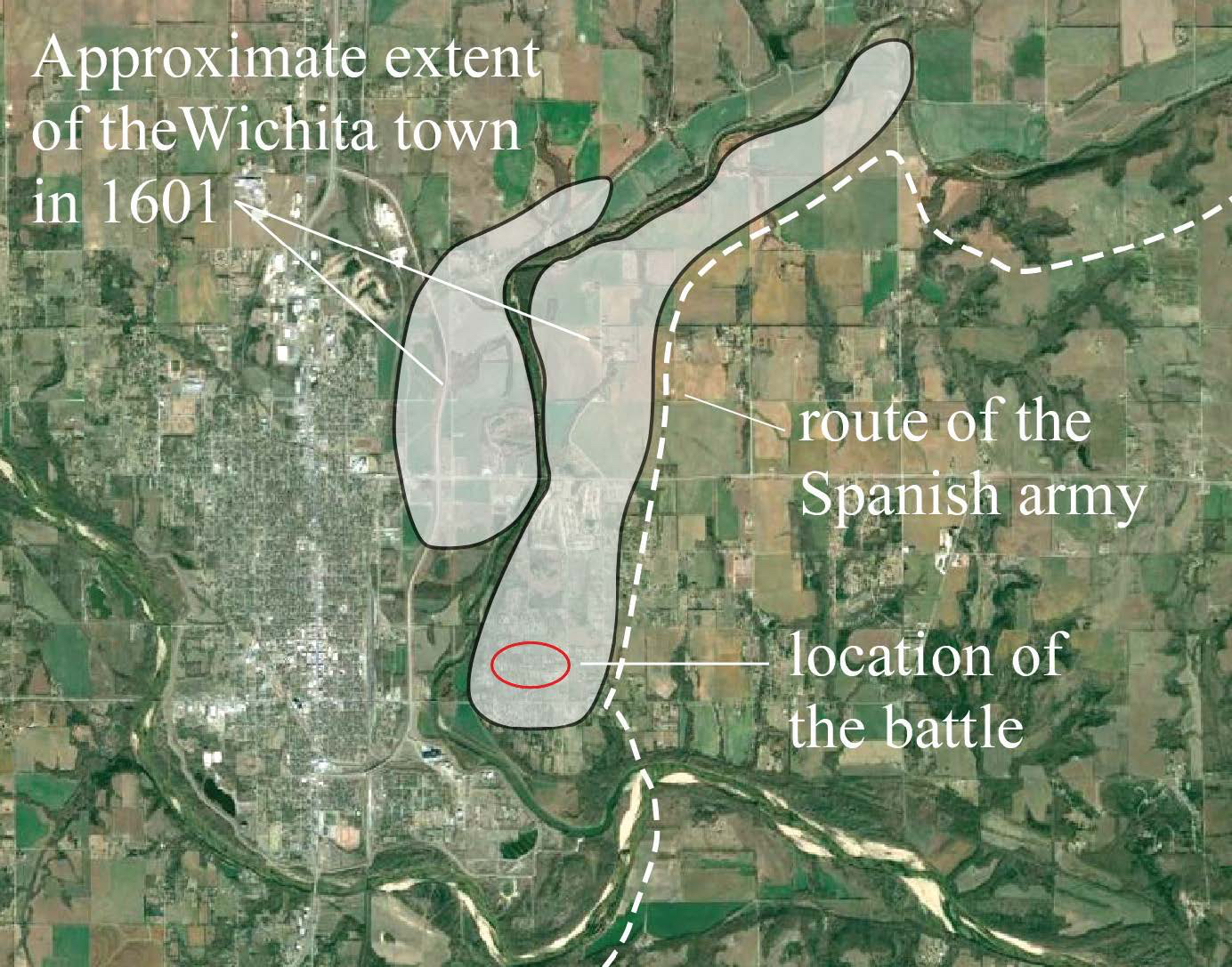 Photo: This map overlay outlines the likely area of Etzanoa. It also shows the route Spaniards are believed to have taken into the Wichita town and of a battle fought there in 1601.