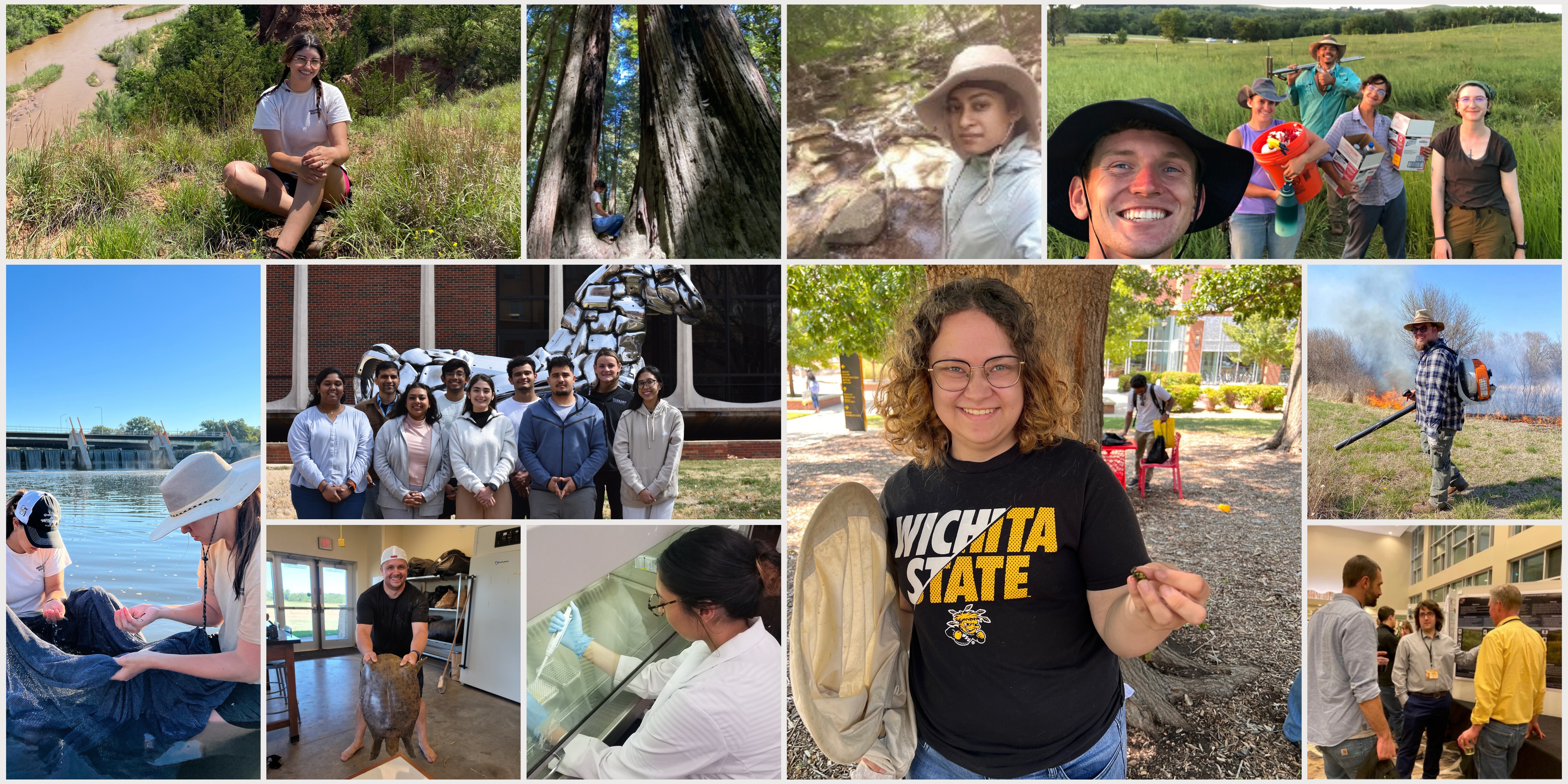 Students doing lab and field research. Most are smiling at the camera.