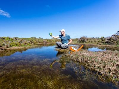 Wildlife biologists holding water sample near creek