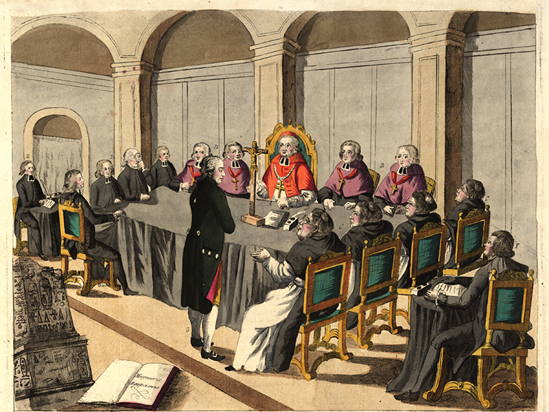 Cámara de juicio de la Inquisición, con inquisidores sentados alrededor de una mesa.