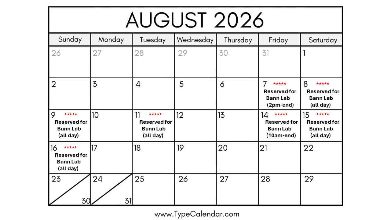 Reservation calendar for August 2026