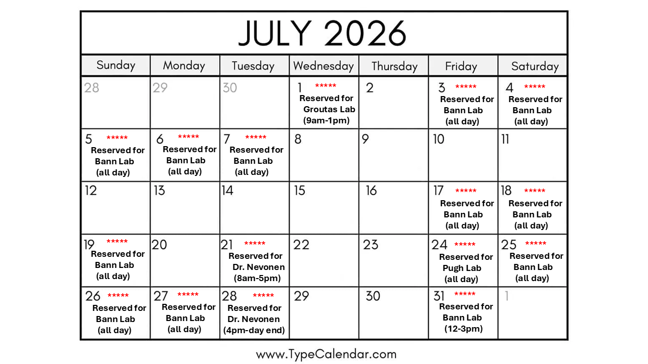 Reservation calendar for July 2026