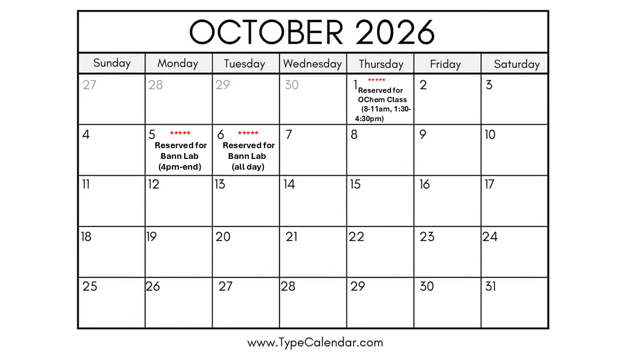 Reservation calendar for October 2026