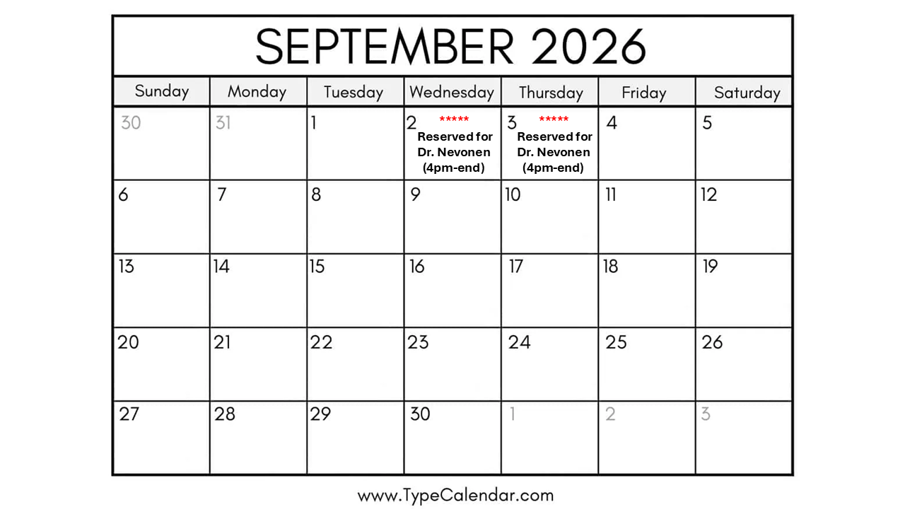 Reservation calendar for September