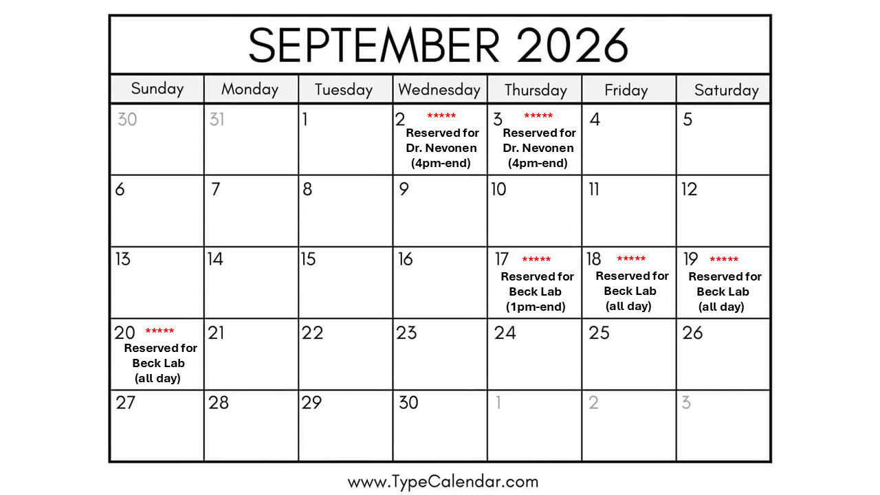 Reservation calendar for September 2026