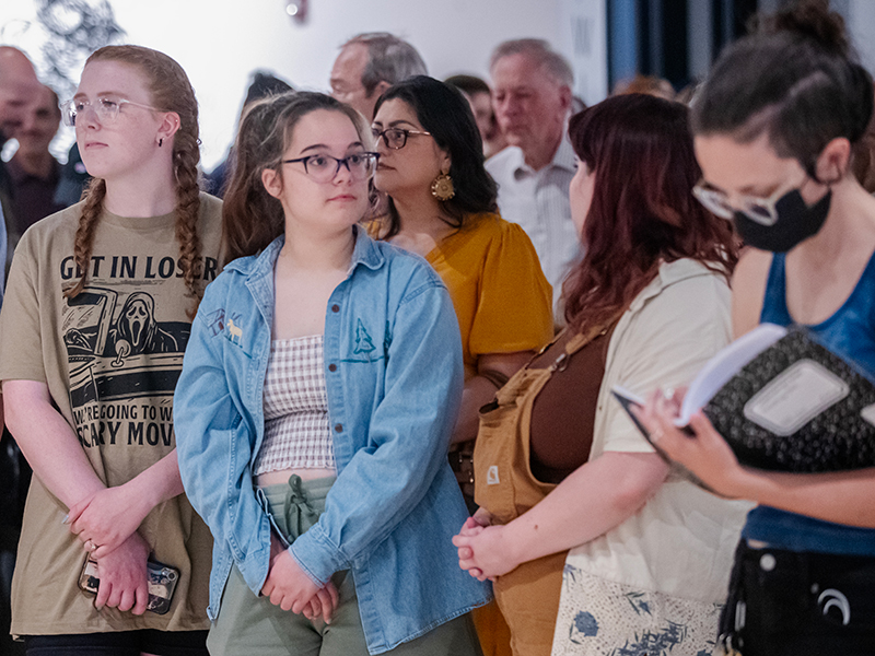 Students gather for a presentation at the Ulrich Fall Exhibition opening