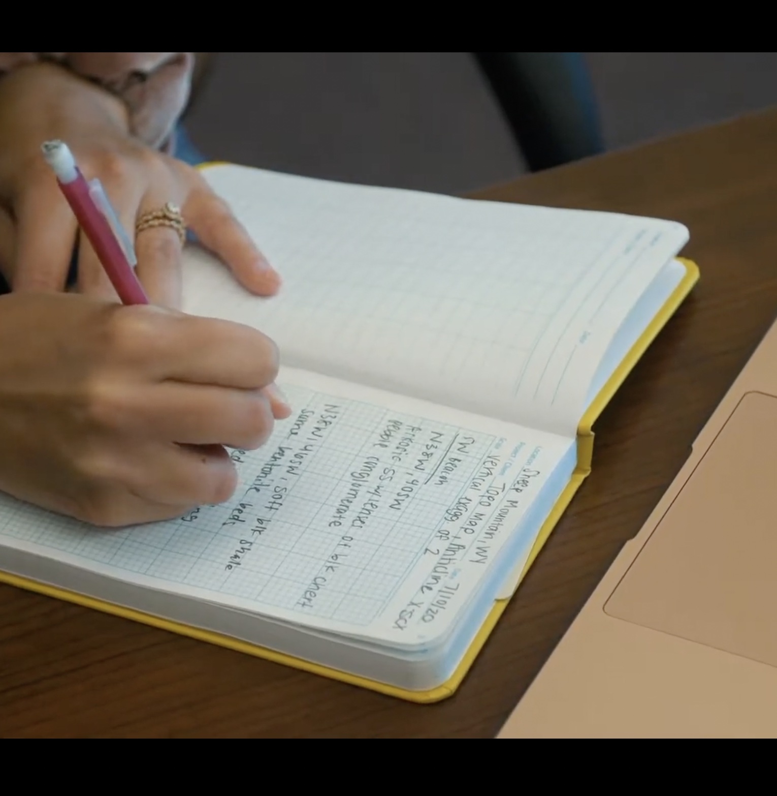 Close-up of hands writing in a notebook