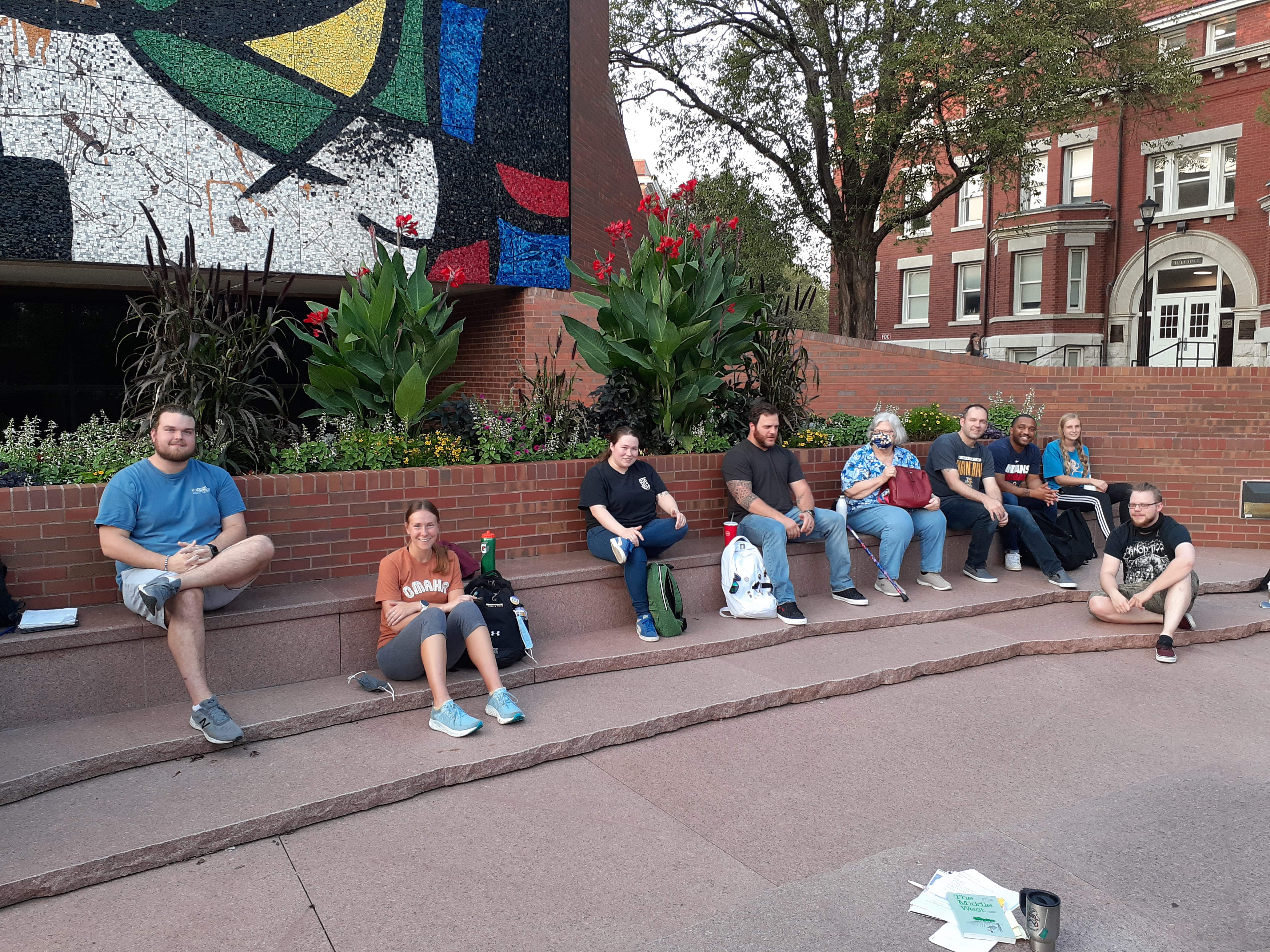 Students meet for class outside of Fiske Hall 