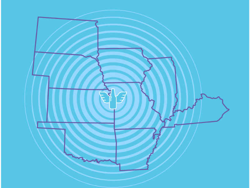 graphic of Ripple Glass logo across the map of the Midwest states they serve: Illinois, Kentucky, South Dakota, Nebraska, Iowa, Missouri, Kansas, Arkansas and Oklahoma