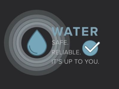 Graphic of a water drop inside a water ripple with a checkmark next to the text:Water. Safe. Reliable. It's Up to You.